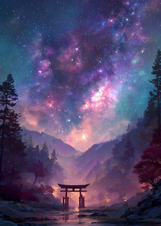 Torii Gate Under Cosmic Night Sky