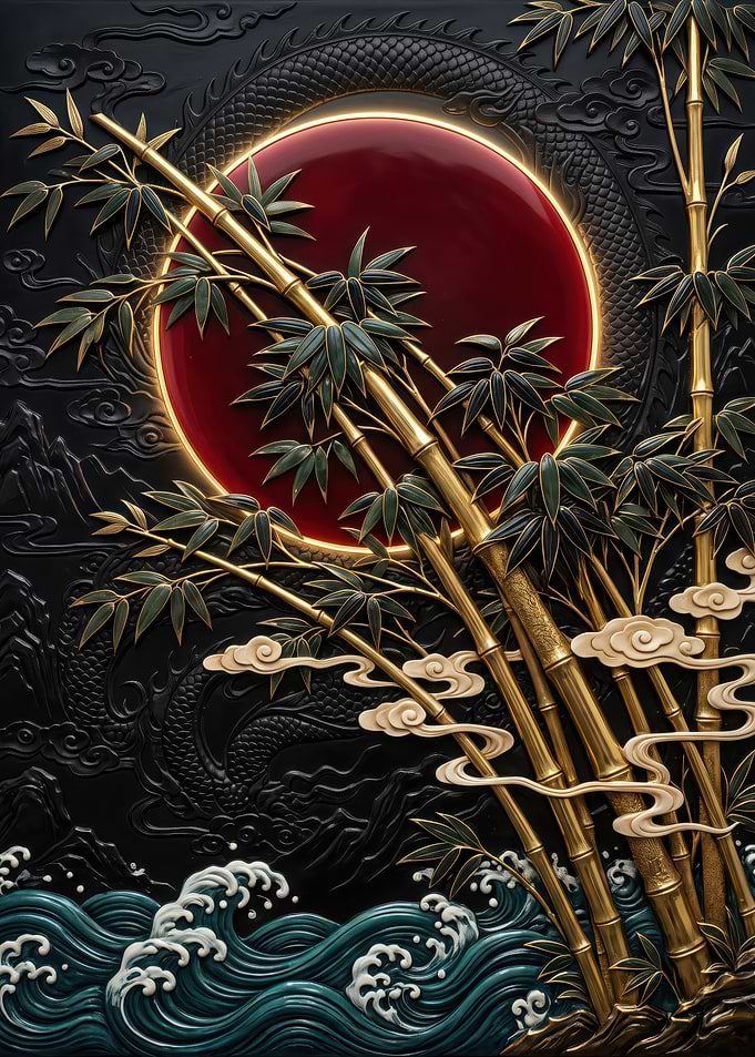 Japanese Dragon and Bamboo Relief Art