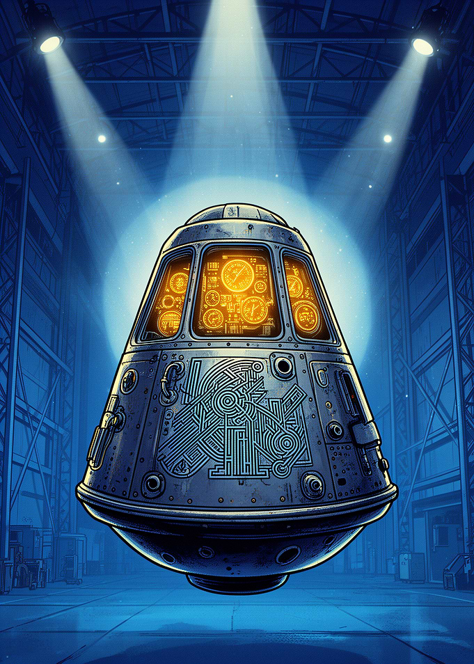Vintage Space Capsule in Hangar
