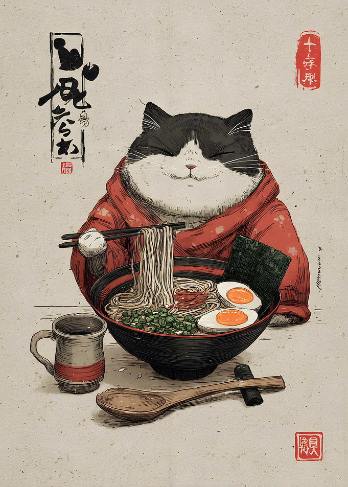 Cat Eating Ramen Japanese Illustration