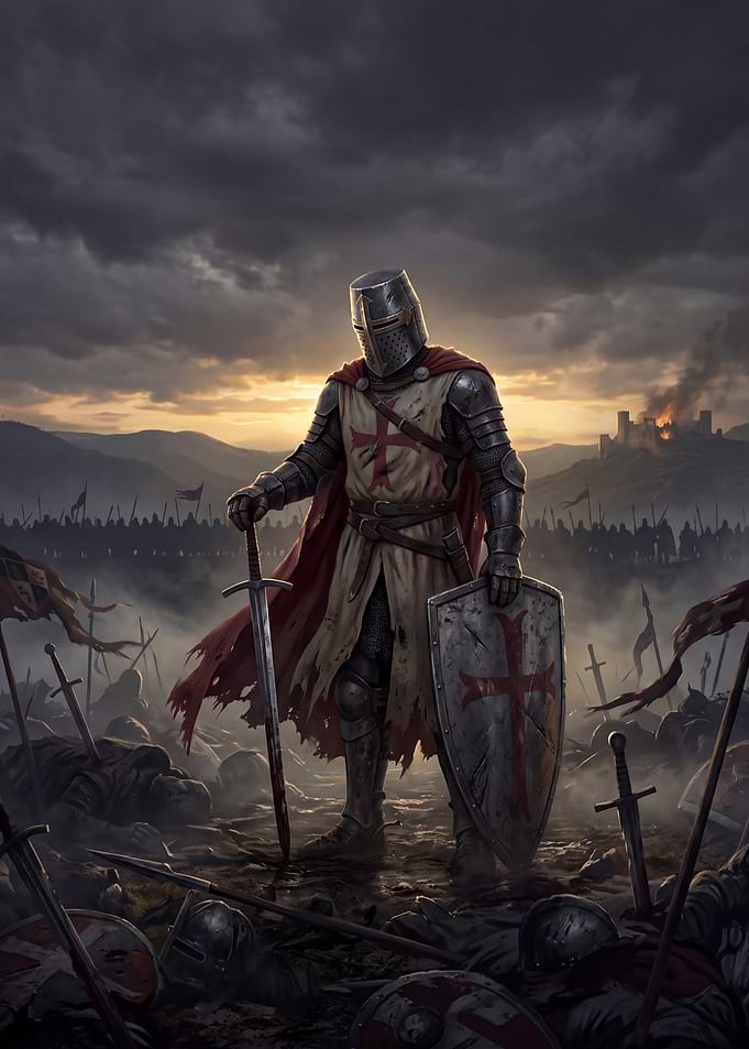 Crusader Knight Standing on Battlefield