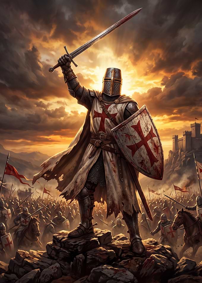 Crusader Knight Standing on Battlefield