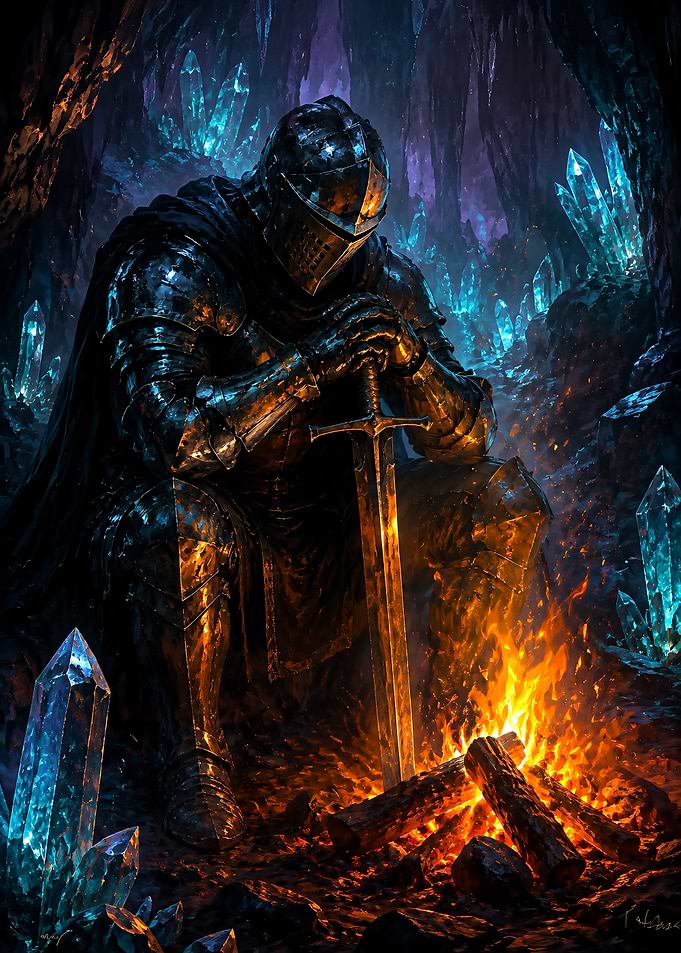 Knight Resting by Crystal Cave Fire