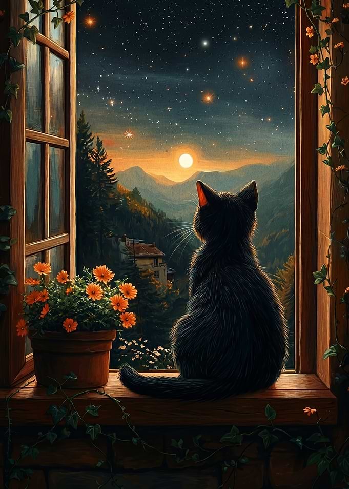 Black Cat Watching Sunset from Window