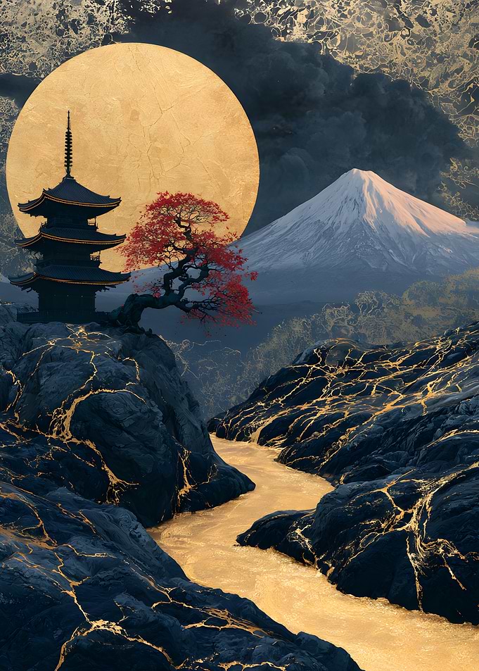 Golden Pagoda and Mount Fuji Landscape