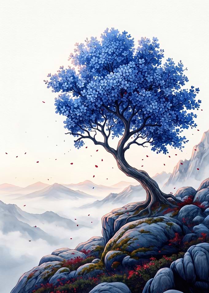 Blue Sakura Tree on Mountain Cliff
