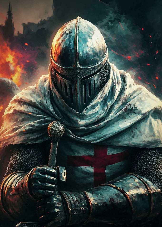 Battle-Worn Crusader Knight Portrait – Dark Fantasy Warrior Wall Art