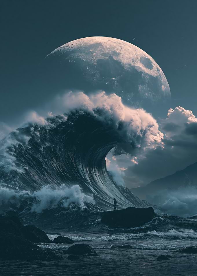 Surfer Facing Giant Moonlit Wave