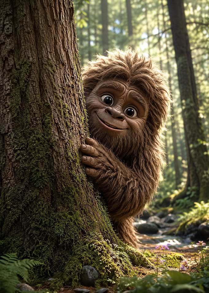 Cute Bigfoot Peeking Behind Tree
