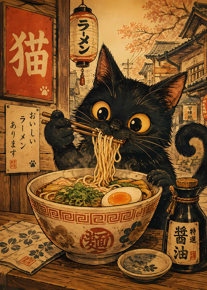 Cute Black Cat Eating Ramen