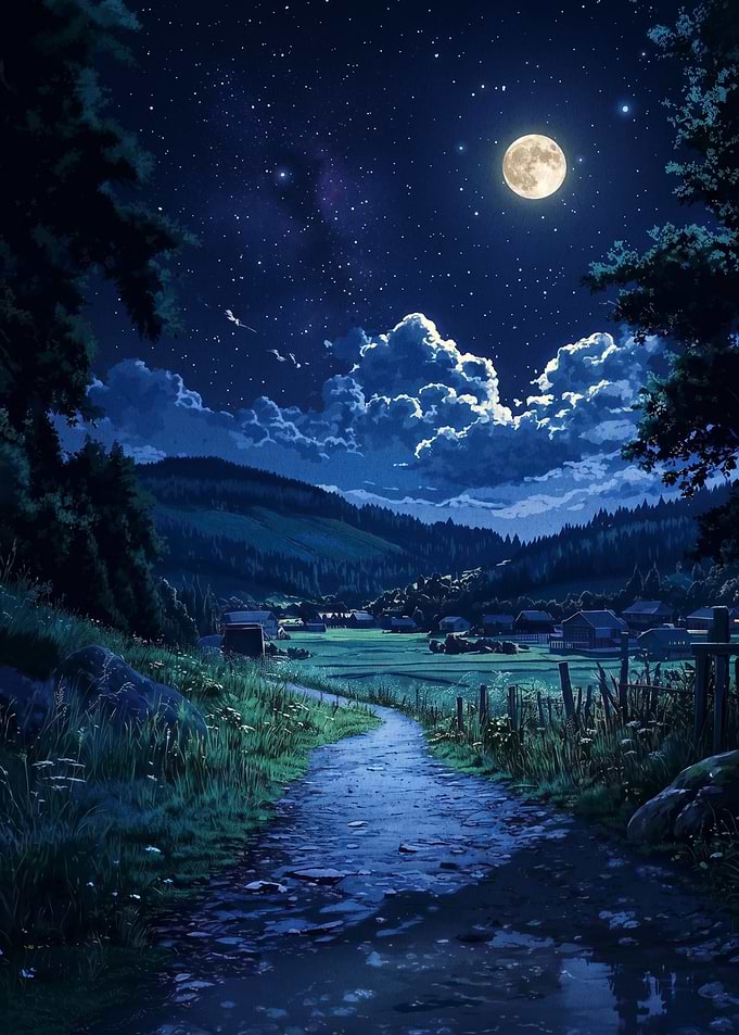 Moonlit Rural Landscape at Night