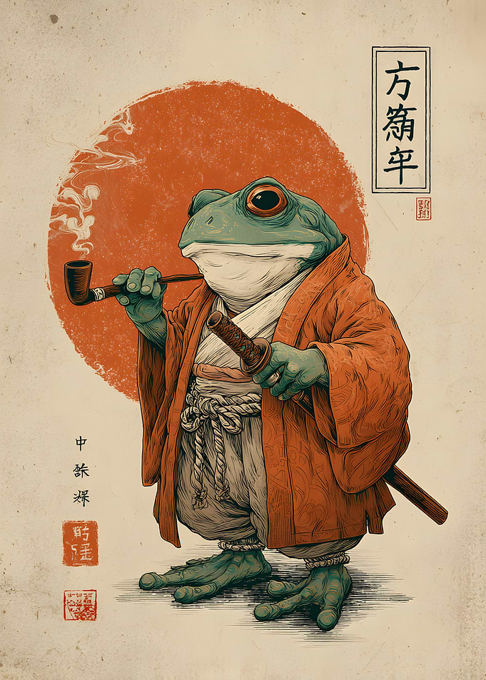Samurai Frog with Pipe Illustration