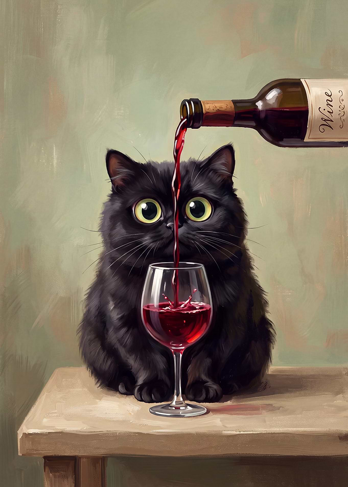 Cute Black Cat Pouring Red Wine