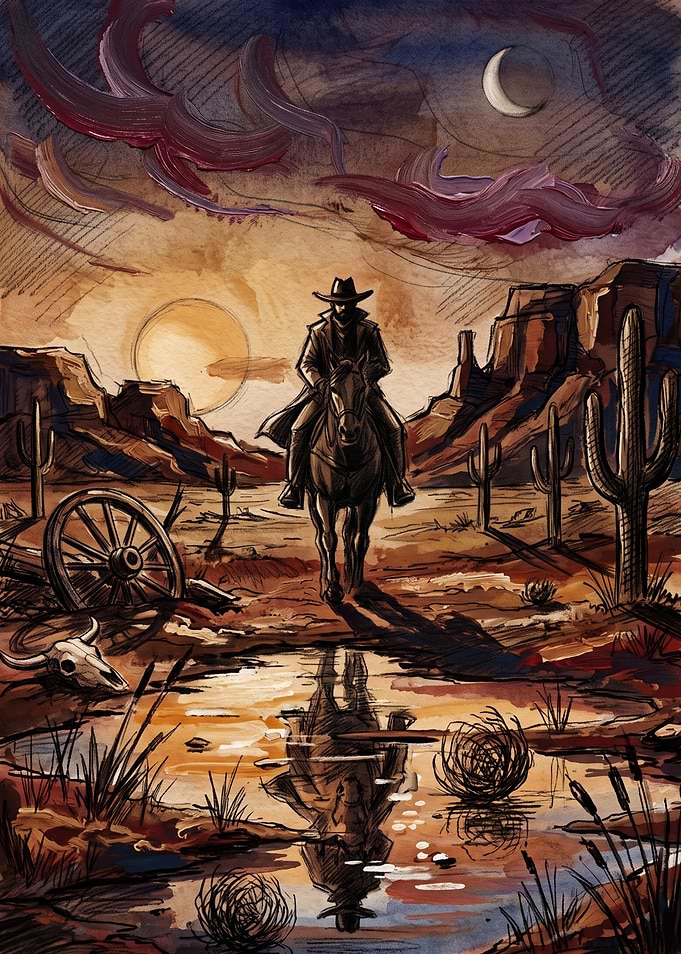 Lone Cowboy Riding Through Desert Sunset