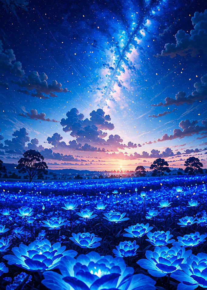 Bioluminescent Blue Flower Field at Night Landscape