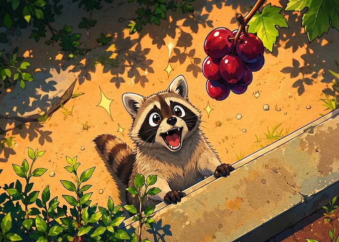 Excited Raccoon Reaching for Grapes