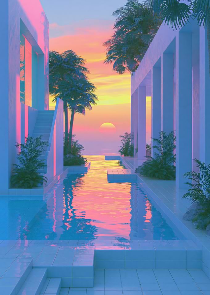 Vaporwave Sunset Poolside Villa