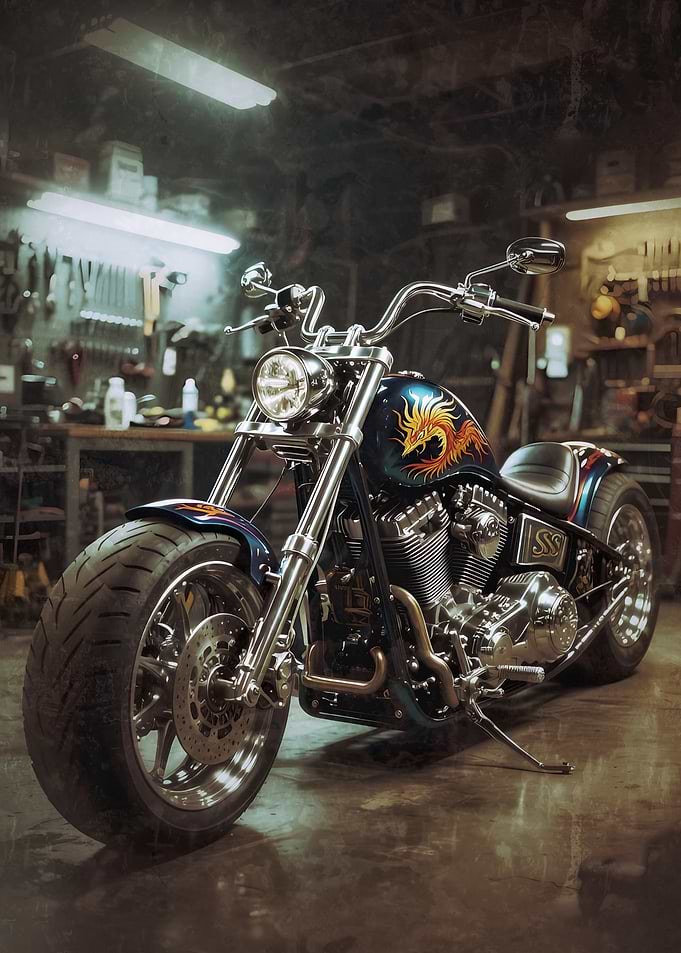 Custom Chopper Motorcycle in Workshop