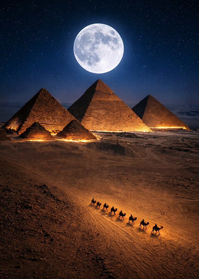 Caravan at the Pyramids by Moonlight