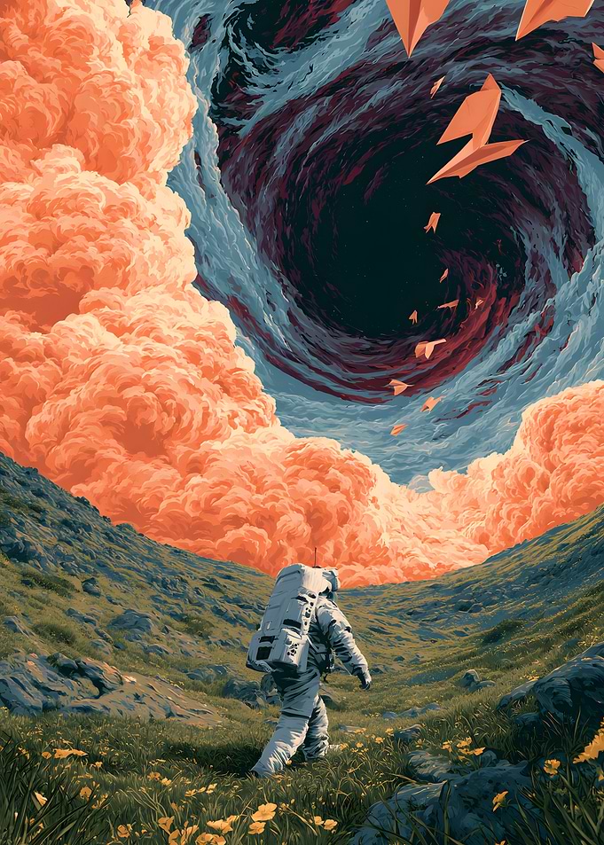 Astronaut Walking Toward Cosmic Vortex
