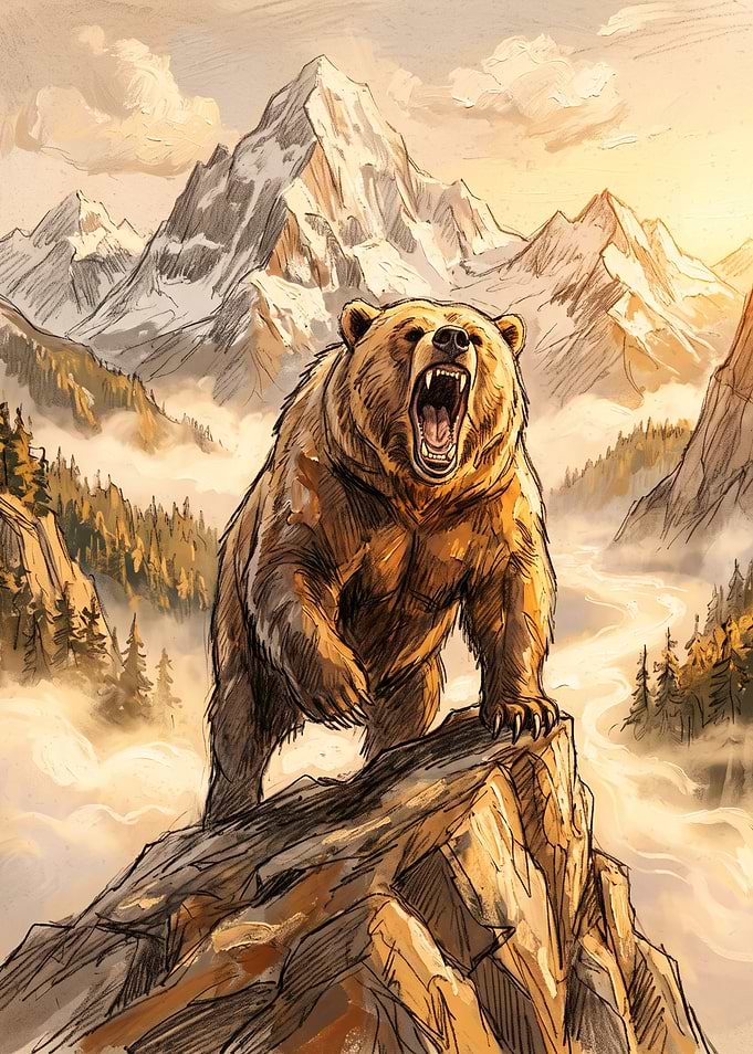 Roaring Grizzly Bear on Mountain Peak
