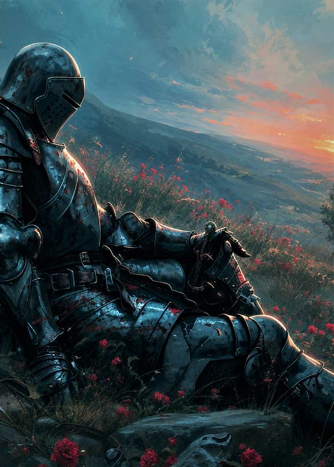 Knight Resting in a Field of Flowers T - Lonely Medieval Knight at Sunset Fantasy Wall Art