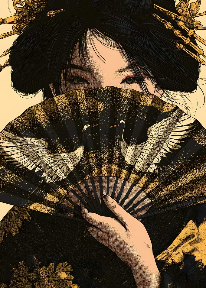 Geisha with Crane Fan Illustration