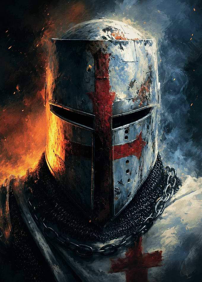 Crusader Knight Helmet Portrait – Fire and Ice Fantasy Warrior Wall Art