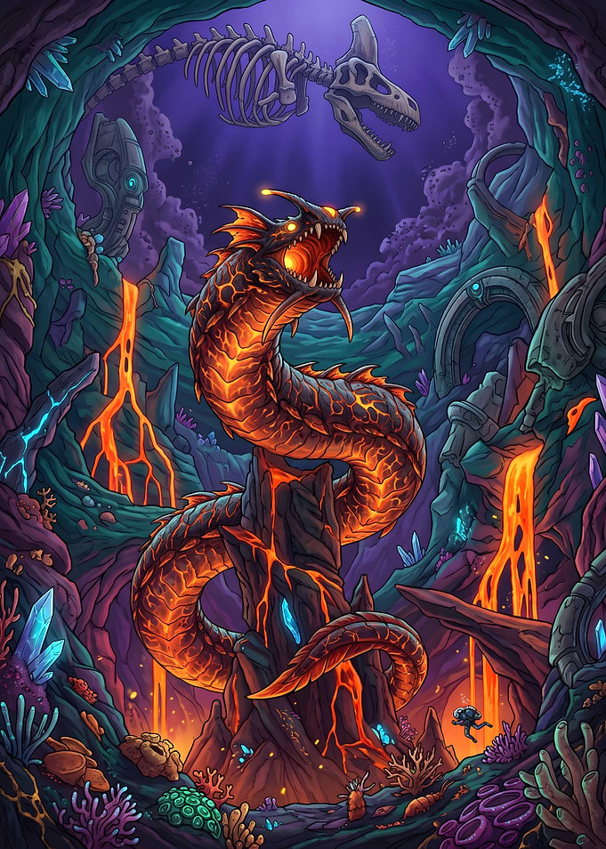 Lava Serpent in Underwater Cavern