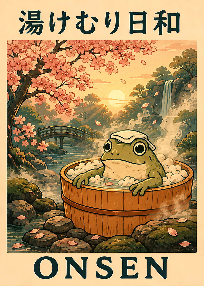 Cute Frog Relaxing in Onsen Poster