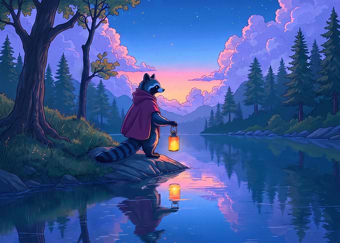 Raccoon with Lantern by the Lake