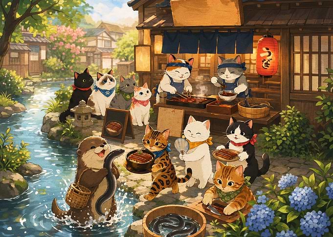 Cats Cooking Unagi in Japanese Village
