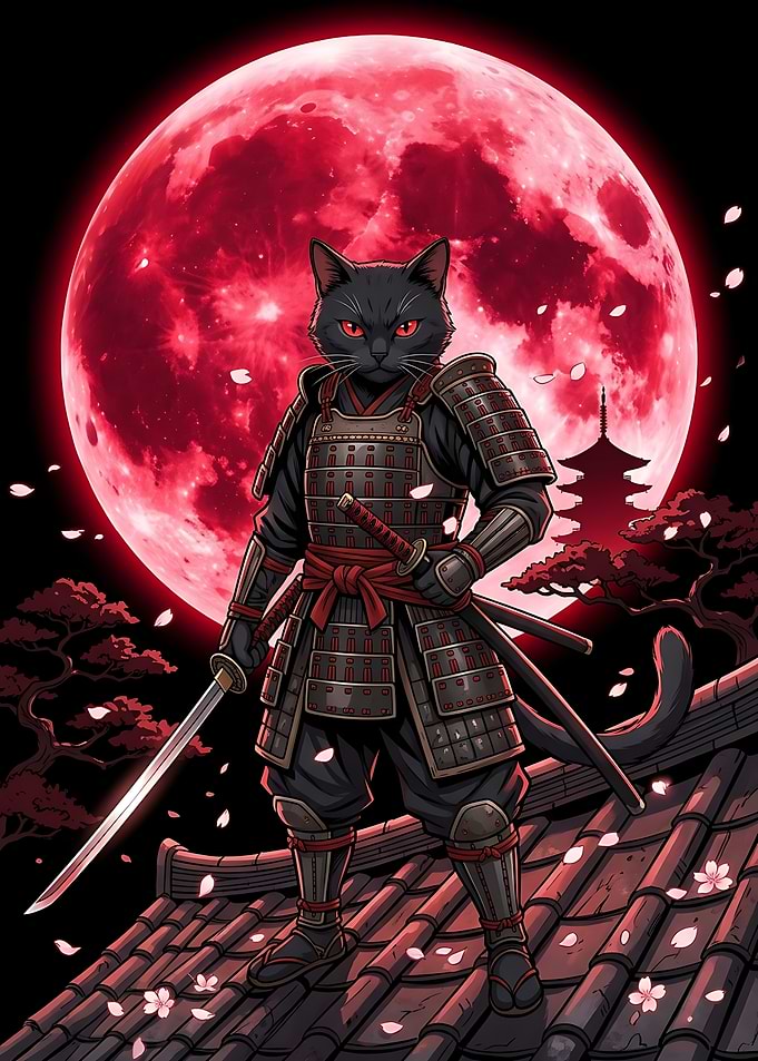 Black Cat Samurai Under Red Moon