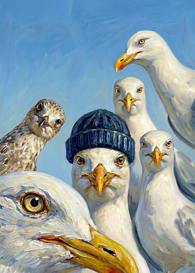 Seagulls Gathering Around a Beanie Bird