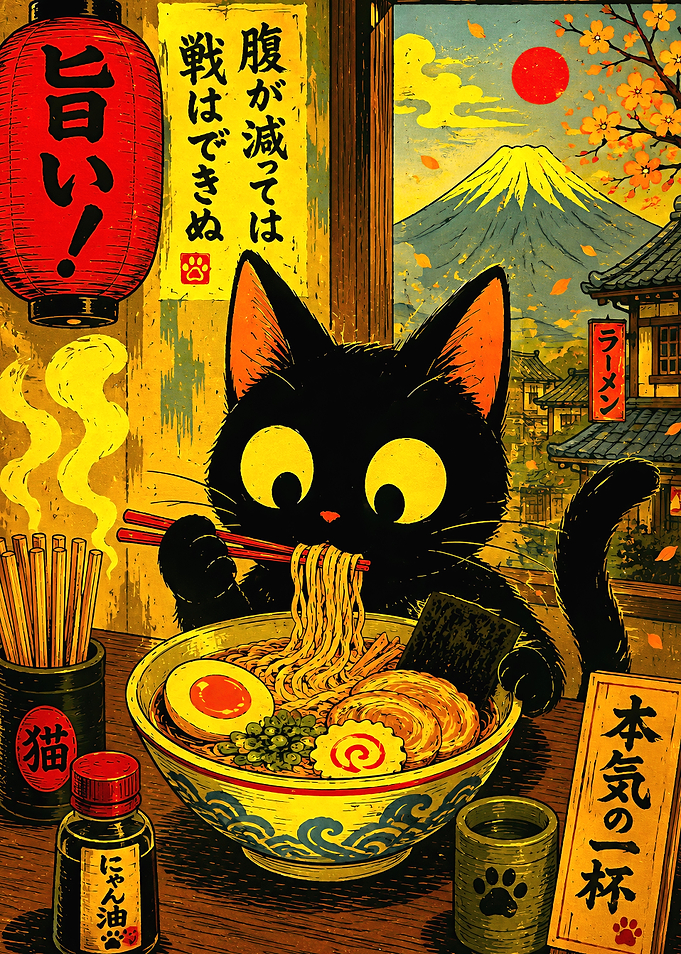 Black Cat Eating Ramen Illustration