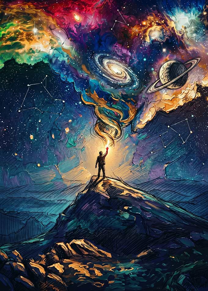 Man Reaching for the Cosmic Universe