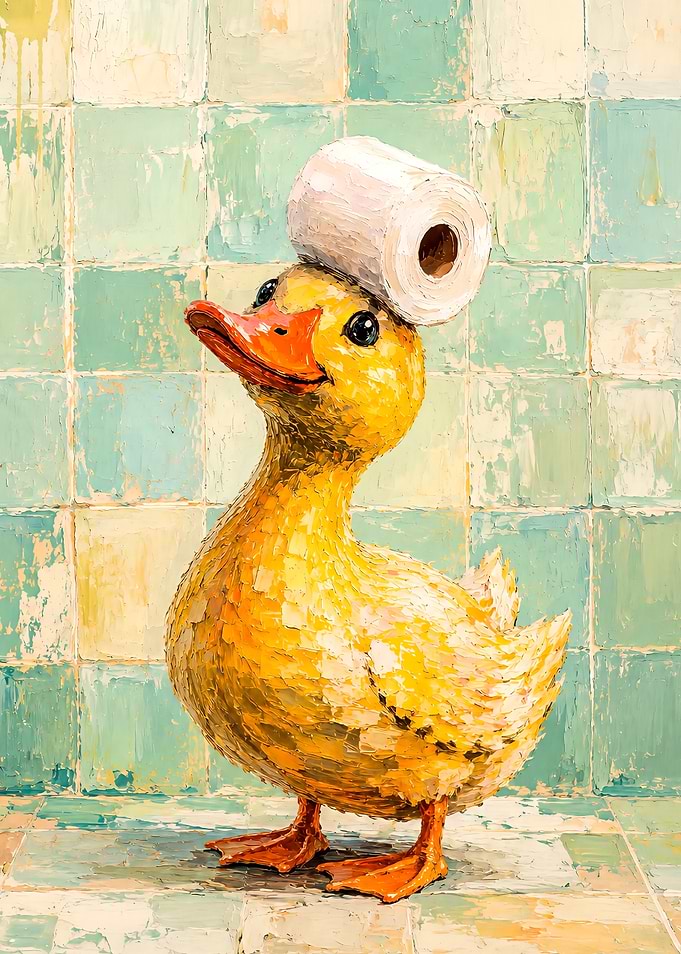 Oil Painting of Duck with Toilet Paper