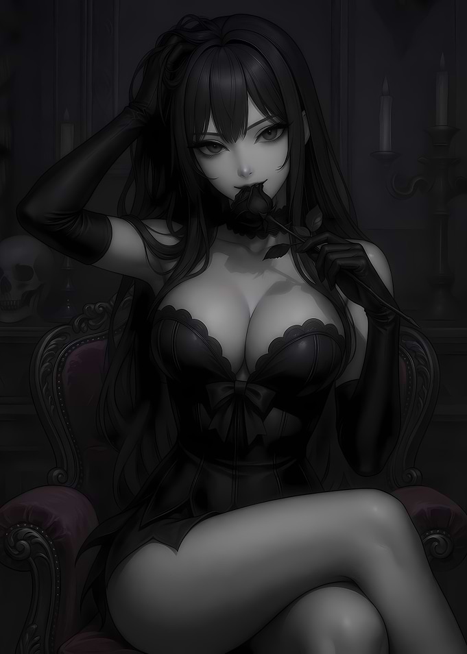 Gothic Anime Girl with Black Rose