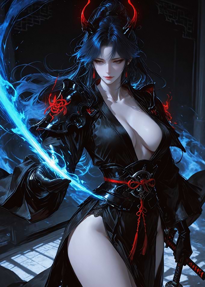 Demon Warrior with Blue Flame Sword
