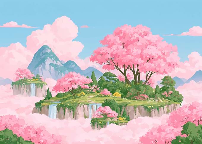 Floating Cherry Blossom Island Landscape