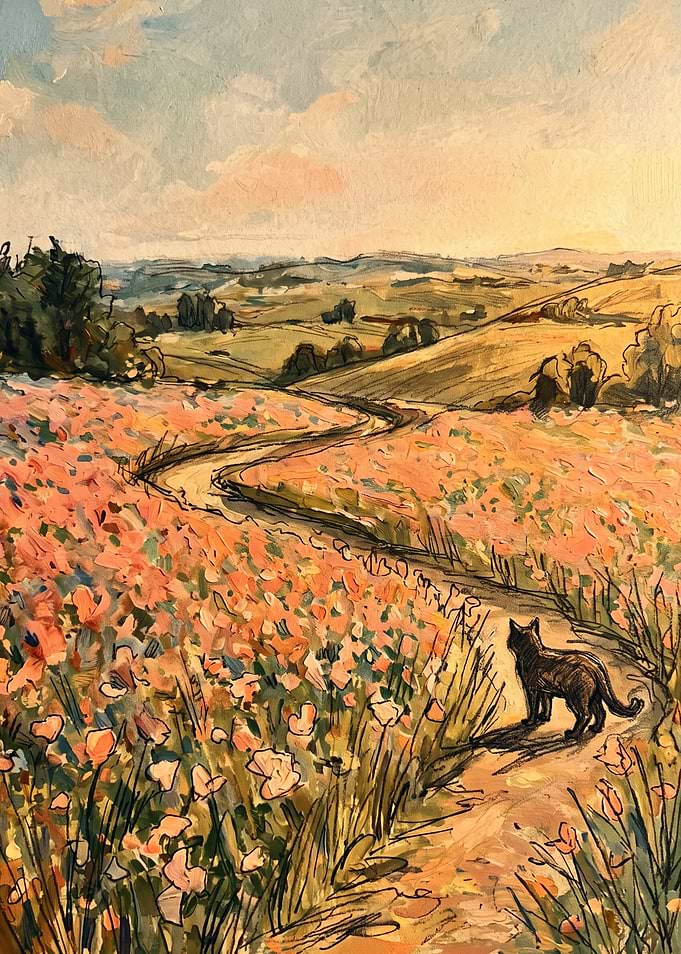 Cat Walking Through Poppy Field