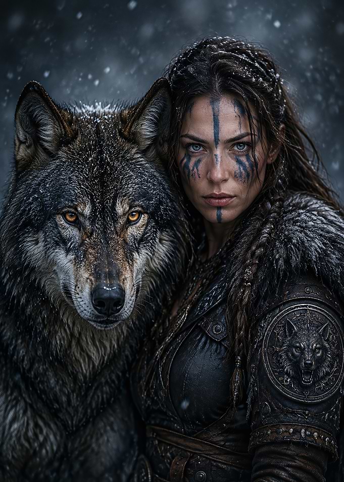 Viking Shieldmaiden and Her Wolf Companion
