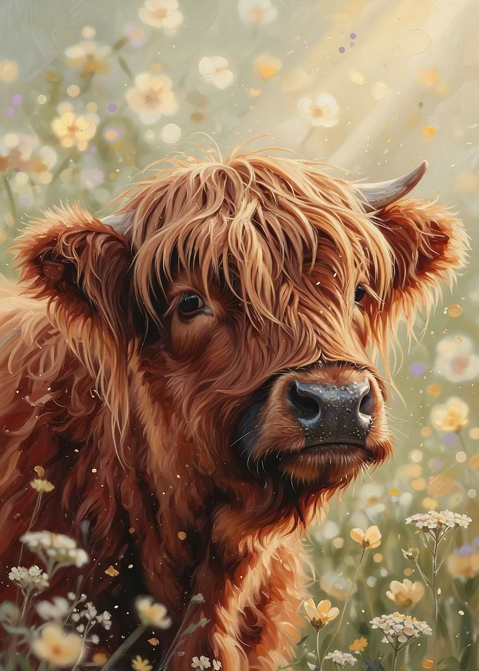 Highland Cow Close-Up in Wildflowers