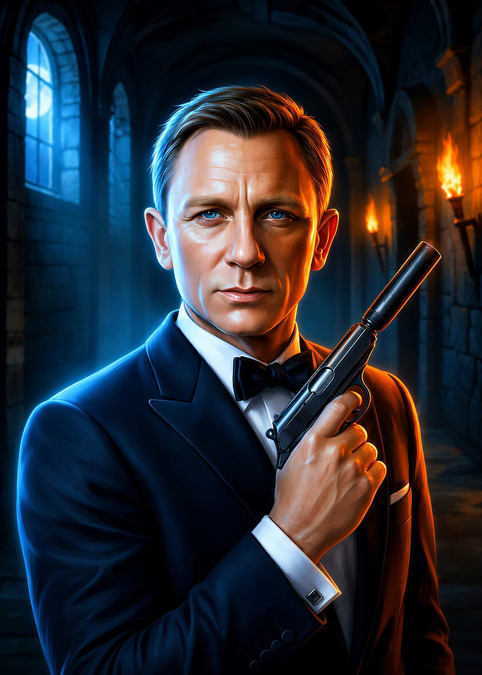 James Bond Portrait with Silenced Pistol