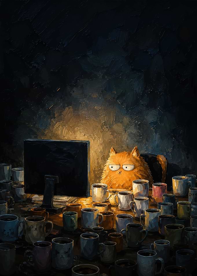 Tired Orange Cat Working Late