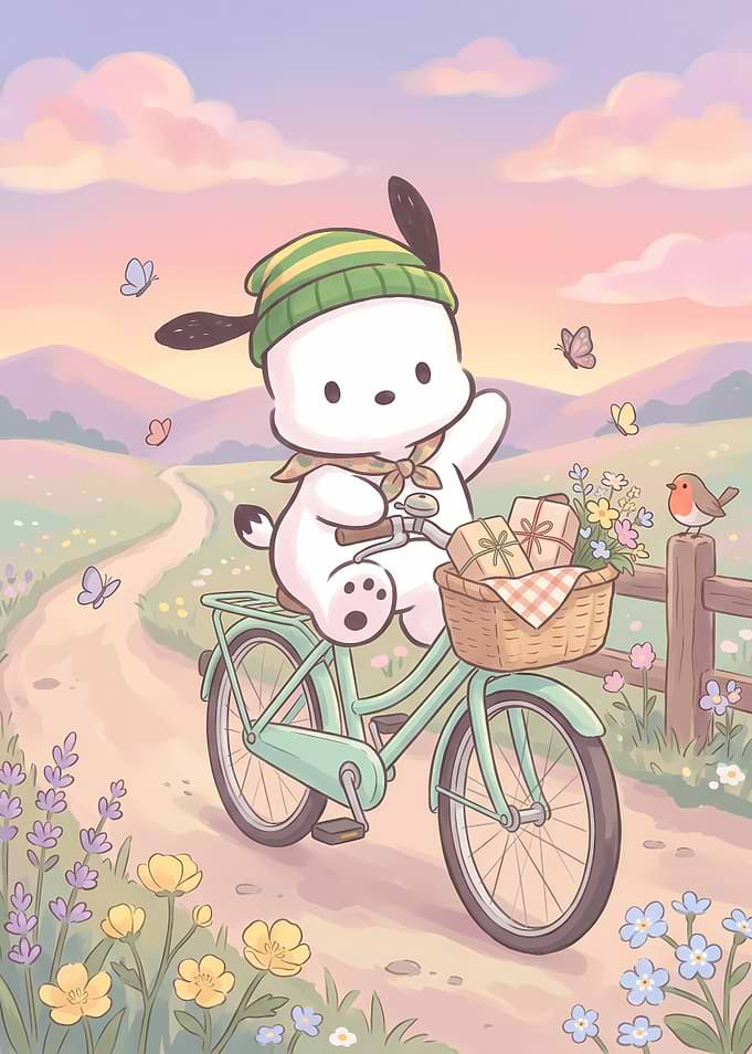 Pochacco Riding a Bicycle in Spring