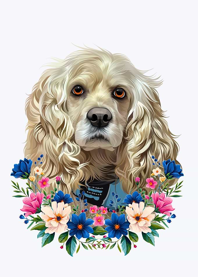 Cocker Spaniel Portrait with Floral Wreath