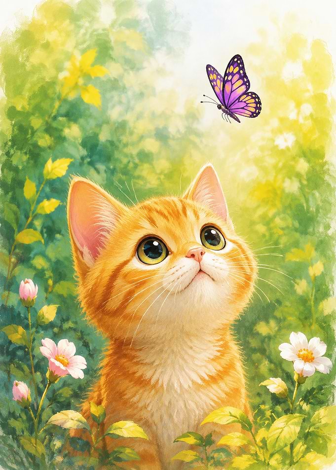 Cute Ginger Kitten Watching a Butterfly