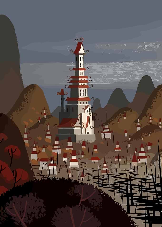 Stylized Fantasy Pagoda Mountain Landscape