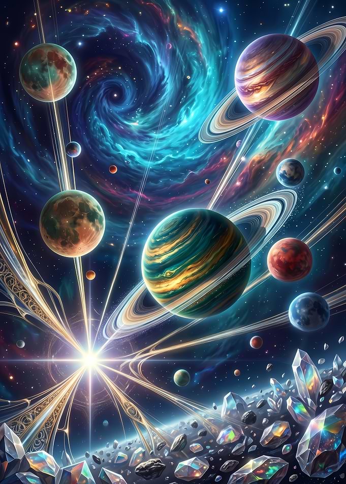 Vibrant Cosmic Galaxy with Crystal Asteroids